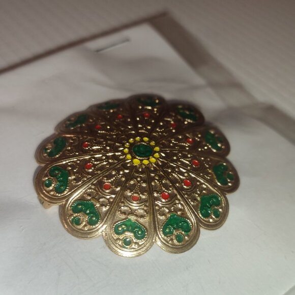 Boho Brooch Arabesque Gold and Green Vintage Bohemian intricate design old - Picture 3 of 5